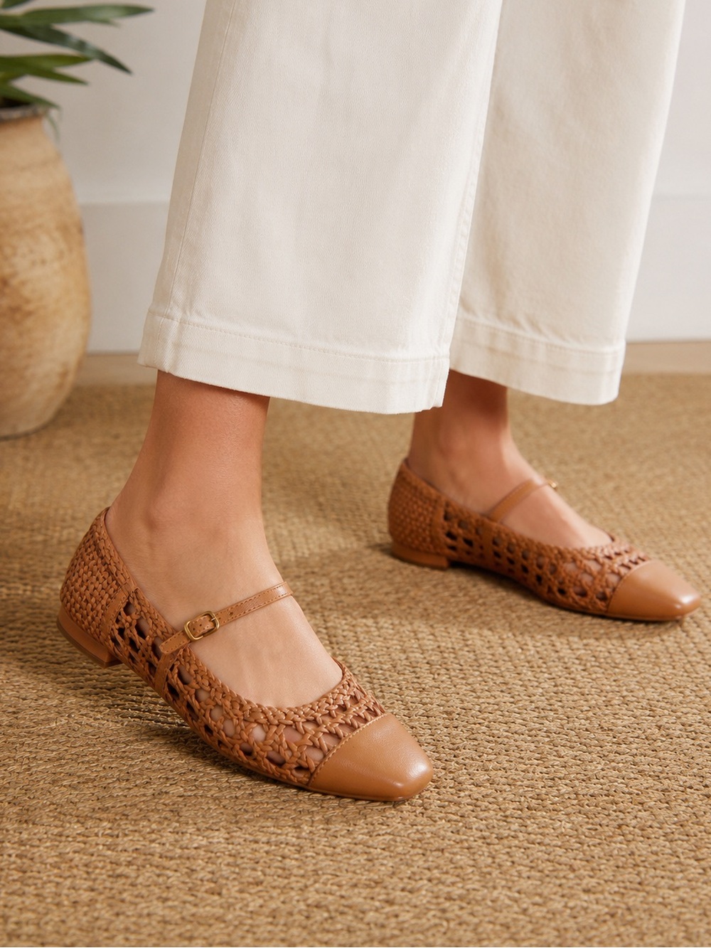 Boden Penelope Woven Leather Mary Jane Flats Tan Square Toe Size US 8.5 - 9 (40)